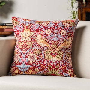 William Morris Strawberry Thief Tapestry Cushion in Red. Vintage Arts and Crafts Style with Birds, Berries and Leaves. 17x17" Square Cover