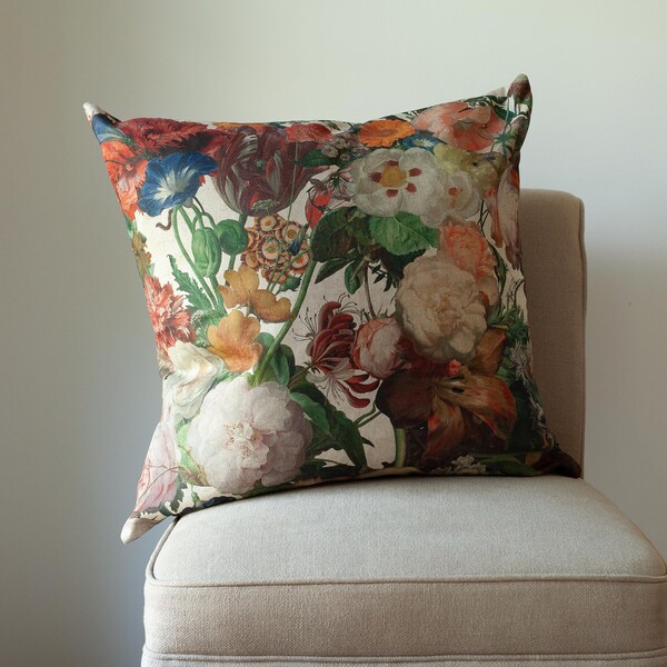 English Garden Extra-Large Cushion. Vintage Botanical Dutch Flower Inspired. Roses, Lilies, Carnations. 23x23" XL Square Cushion Cover.
