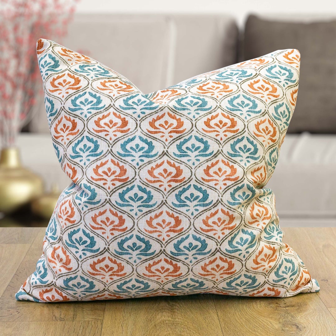 Tamil Batik Cushion. Teal Blue and Orange Indonesian Inspired Etsy UK
