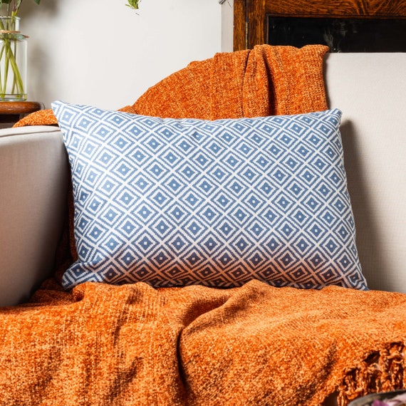 Scandi Geometric Ikat Boudoir Cushion in Denim Double Sided