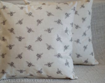 Bumblebee Cushion Cover. 17" x 17" vintage style pillow cover with buzzy bee print on a linen style background. Handmade, 100% Cotton.