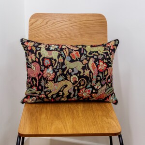 Mythical Animals Tapestry Double Sided Boudoir Cushion. 17&quot;x12&quot; Rectangle. Black background with multicoloured beasts. Morris style.