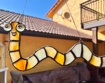 Stained glass worm, glass worm, worm sun catcher,  garden lover gift, earthworm gift,  gift for friend, fun gift, nature gifts