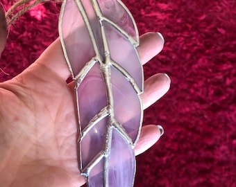 Stained glass feather, 7 inches by 2 inches, Glass feather,  pink feather, feather Sun-catcher, gift for friend, Window decor, car jewelry.