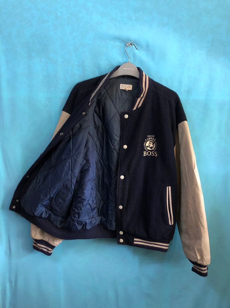 RARE!!VTG 80s suntory boss suntory original design varsity leather letterman large #1752