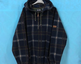 Sudadera con capucha y cremallera de un cuarto de FILA SPORTS VTG, estampado de cuadros escoceses, talla grande #C4
