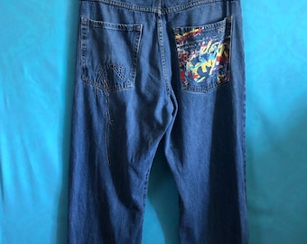 ON SALE!! VTG karl kani kani gold kani sports jeans painter embroidery sewing logo pockets baggy washed size 38 #810