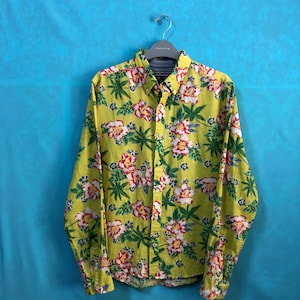 SALE!! VTG tommy hilfiger aloha hawaiian shirt linen cotton blended long sleeve shirt sewing logo medium #872