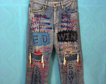 RARE!!VTG edwin remake painter artwork jeans distress patchwork oasis marilyn manson the clash david bowie size 32 #1125
