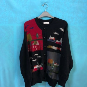 SALE!! VTG mrs giardino sweatshirt knitwear button down art work multicolor picture landscape village large #938