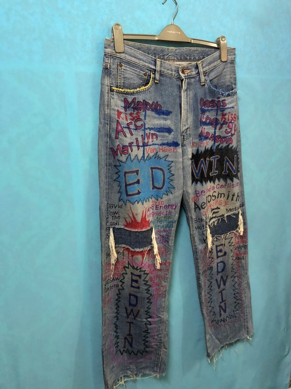 RARE!!VTG edwin remake painter artwork jeans dist… - image 2