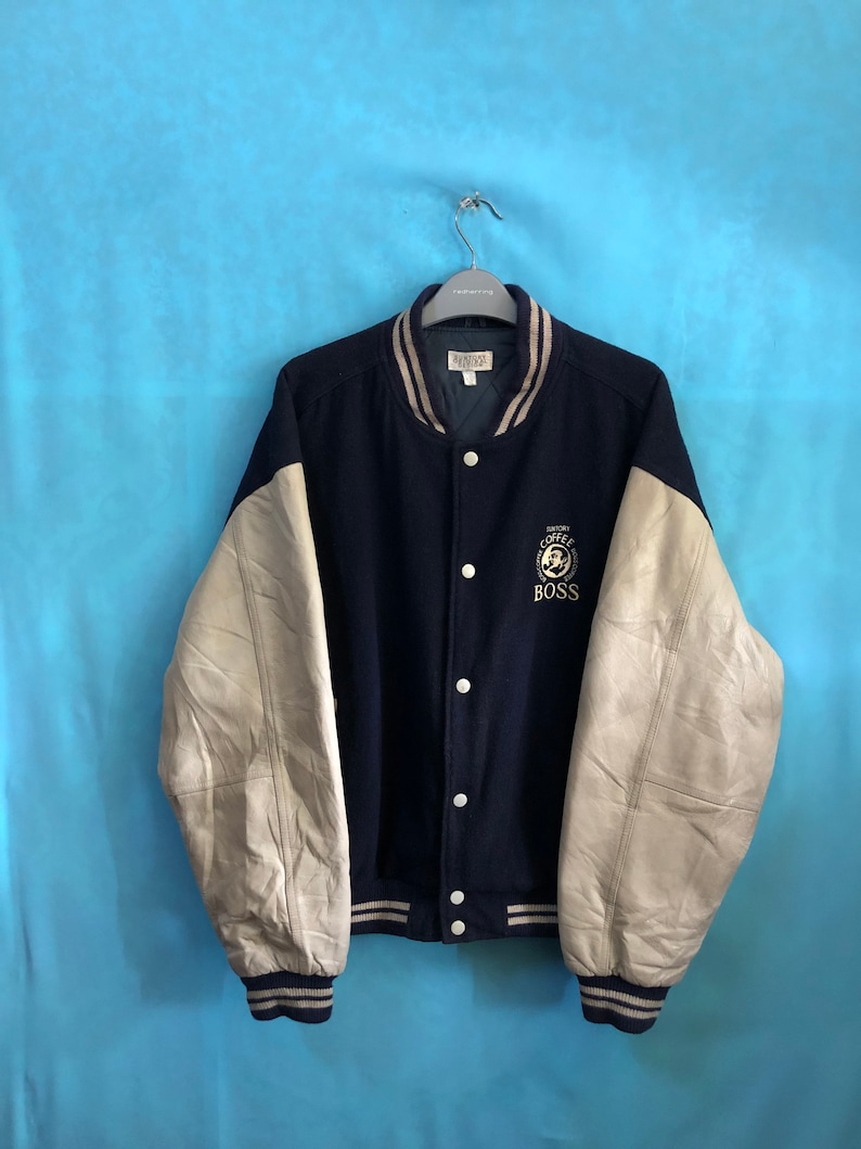 RARE!!VTG 80s suntory boss suntory original design varsity leather letterman large #1752
