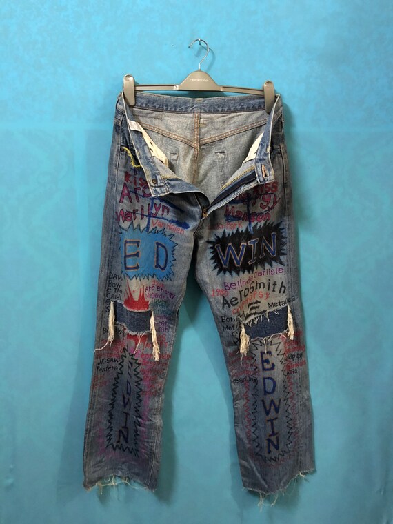 RARE!!VTG edwin remake painter artwork jeans dist… - image 4