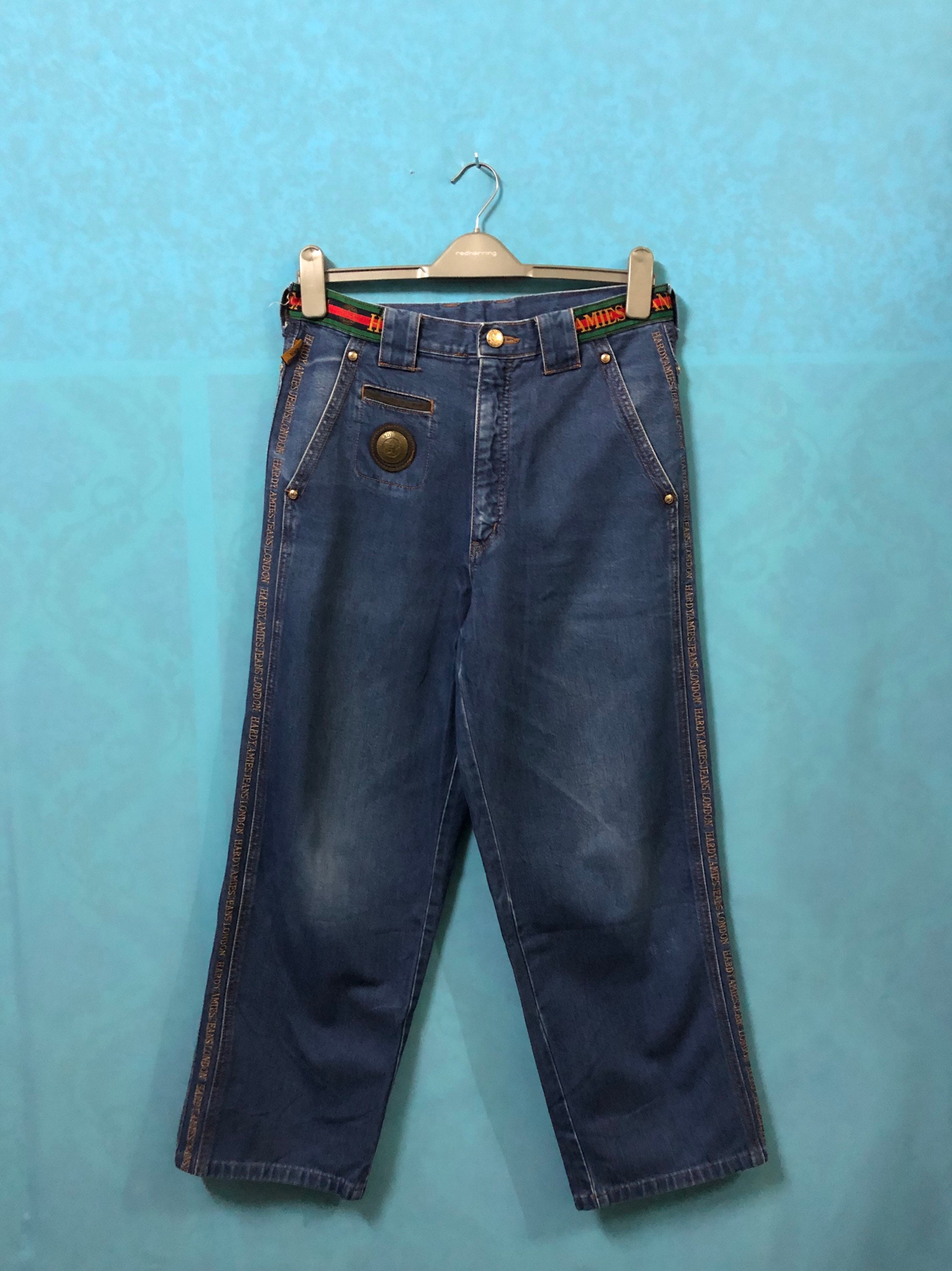 SALE!! VTG Hardy Amies London Jeans Striped Sewing Logo Metal