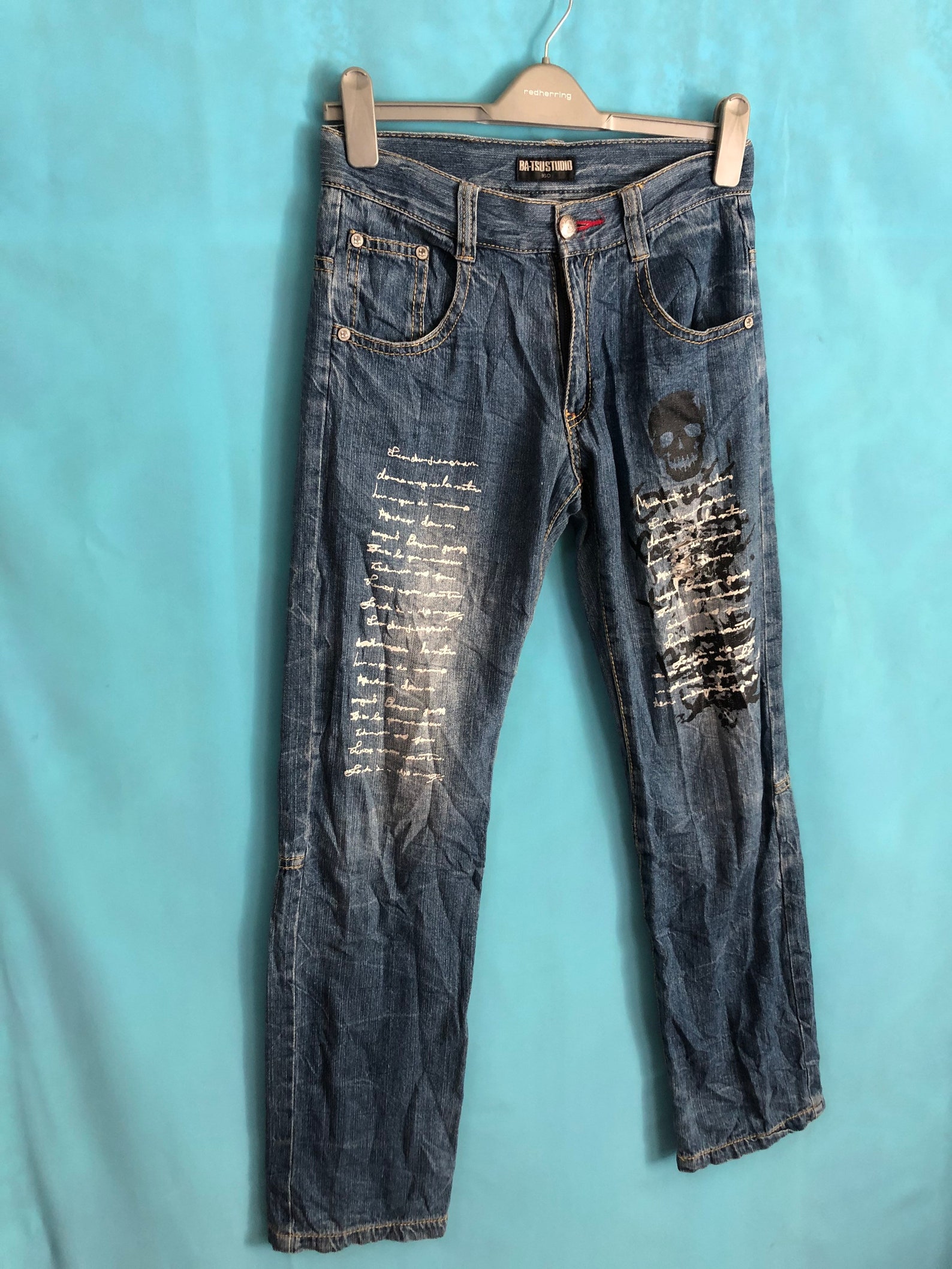 VTG BATSU STUDIO Xst Batsustudio Distress Jeans Skull Bones Zebra Pockets Size 160 Size 30 175