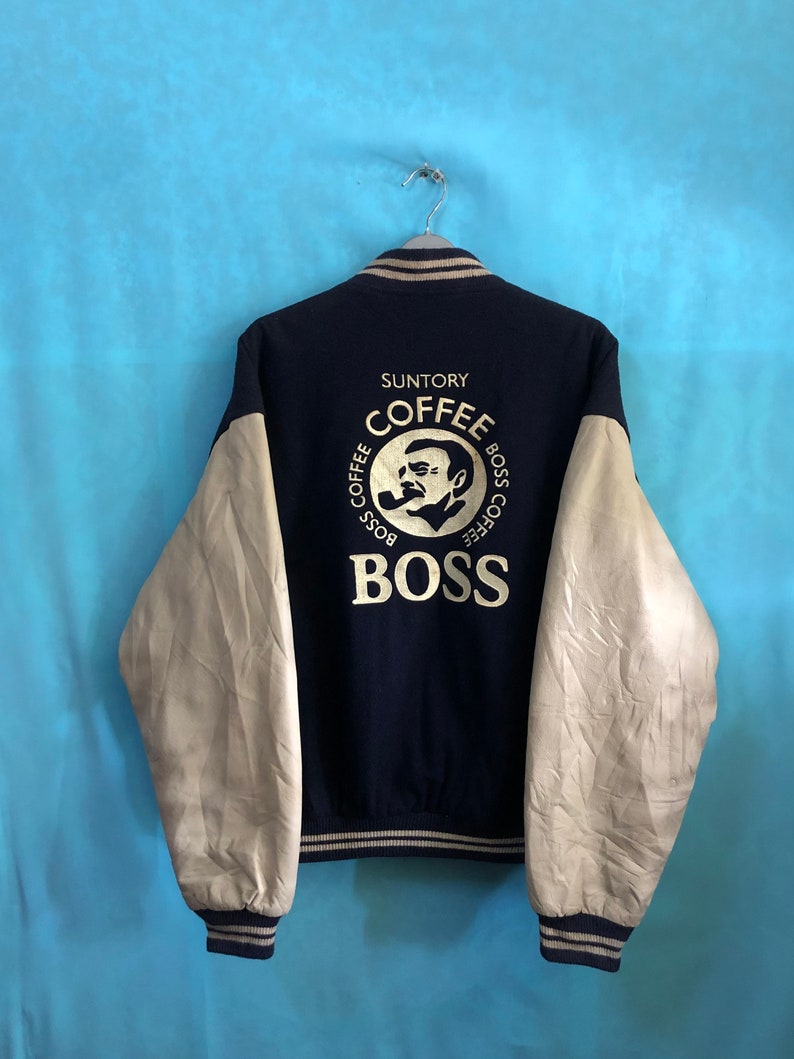 RARE!!VTG 80s suntory boss suntory original design varsity leather letterman large #1752