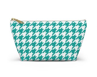 Houndstooth pattern | Turquoise and White | Flat Bottom | Preppy Zippered Pouch | Pencil Pouch