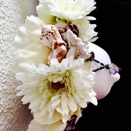 Amethyst shops Greek Goddess Crown - Flower and Shell head piece adorned with Amethyst healing crystal - Burning Man/Festival Wear, Bridal piece