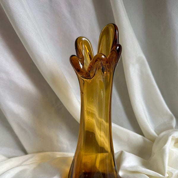 Vintage amber glass swung vase - 5 finger swung vase, mcm swung vase, retro amber glass vase