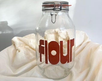 Vintage pop art flour glass 3L jar canister - hinged lid glass flour jar, 3 litre jar, vintage flour container