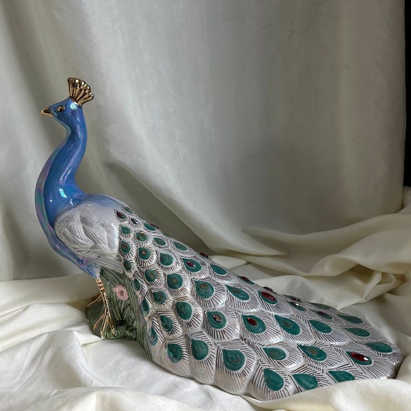 Vintage holland mold peacock statue - vintage peacock figurine, holland mold peacock light, vintage peacock decor, large peacock