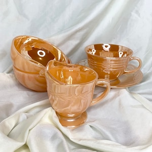 Vintage fire king peach luster dish set - tea cup, saucer, cereal bowl, fruit bowl, creamer, vintage fire king, lustreware, vintage kitchen