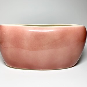 May include: A pale pink ceramic planter with a rounded, oval shape. The planter has a smooth, glossy finish.