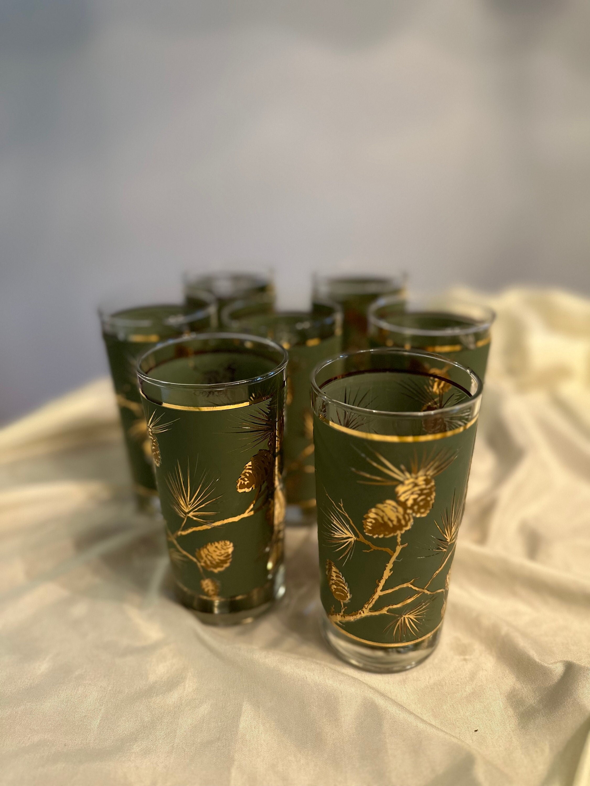 6 Vintage Libbey Christmas Etched Pinecone Gold Rim Glasses