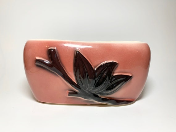 Vintage Royal Copley  Mid century planter - pink planter, dusty rose planter, black leaf, black branch, pink and black planter, Art Deco