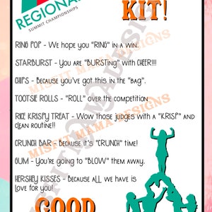 May include: A motivational poster with a cheerleading theme. It features a group of cheerleaders in a pyramid formation with the text "SURVIVAL KIT!" and a list of candy and snack items with cheer-related puns. The text "GOOD LUCK!" is at the bottom of the poster.