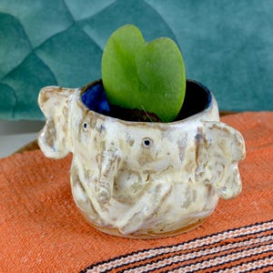 May include: A small, ceramic elephant-shaped planter with a heart-shaped green plant. The planter is off-white with brown accents and a blue interior. It sits on an orange textile.