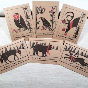 Cartes de vœux fantaisistes, ours, renne, lièvre, hibou, merle et renard, joyeux Noël, voeux de fin d'année