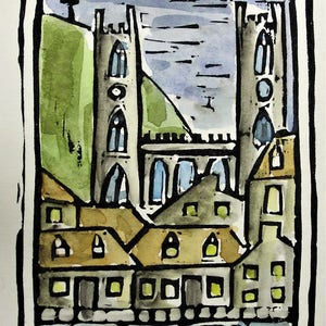 Basilique Notre Dame, Montreal,  Hand Watercolored Linocut Print by Richard Audet