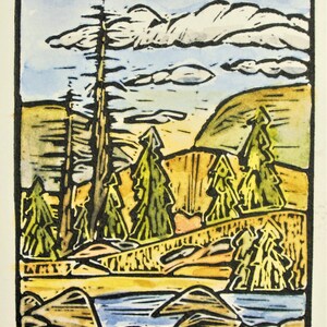 Laurentides - III,  Hand Watercolored Linocut Print by Richard Audet