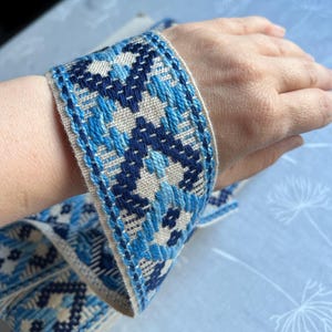 Galon passementerie vintage, ancien, français, vendu au metre (max 12 m), pour couture, sieges, rideaux, scrapbooking, costumes; bleu beige