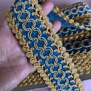 Galon passementerie vintage, ancien, français, vendu au metre ou coupon (max 7 m), pour couture, rideaux, scrapbooking, costumes; bleu et or