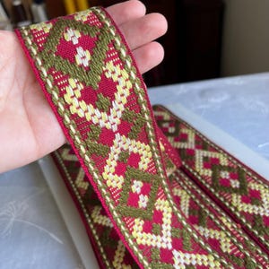Galon passementerie vintage, ancien, français, vendu au metre/coupon, pour couture, sieges, rideaux, scrapbooking, costumes; bordeaux vert
