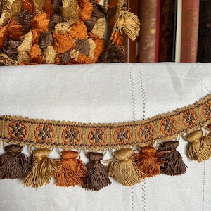 Galon passementerie vintage avec gland pompon, français, coupon de 5m, sieges, rideaux, orange marron beige
