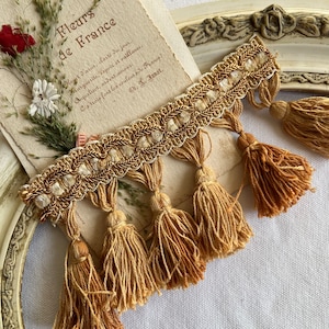 Galon passementerie vintage avec frange / gland pompon, français, vendu au metre, 21 mètres disponibles, sieges, rideaux, beige marron