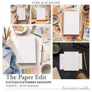 Puede incluir: Una colección de cinco maquetas de papelería que incluyen hojas de papel blanco en blanco, un cuaderno de espiral, sobres, lápices de colores, bolígrafos y varias muestras de paletas de colores. El conjunto presenta múltiples arreglos de material de oficina.