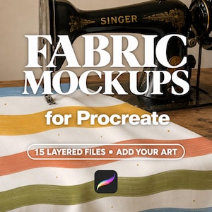 Könnte beinhalten: Eine schwarze Vintage-Nähmaschine von Singer hinter einem weißen Stoff mit horizontalen, wellenförmigen Streifen in Gelb, Orange, Grün und Blau sowie kleinen goldenen Punkten. Der Text lautet FABRIC MOCKUPS for Procreate, 15 LAYERED FILES • ADD YOUR ART.