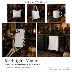 May include: A collection of five white product mockups including a square pillow, a tote bag, a ceramic mug, a smartphone case held by a skeleton hand, and a kitchen towel hanging on an oven, all set in a dark, atmospheric Halloween-themed room.