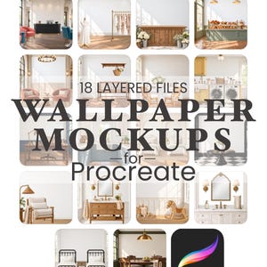 Peut inclure: Une collection numérique de 18 maquettes de papier peint en couches pour Procreate par Fern & Sterling. L'image présente une grille de diverses scènes d'intérieur, incluant des salons, chambres et salles de bain, avec l'icône Procreate.