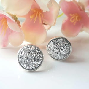 May include: A pair of silver stud earrings with a sparkly, white glitter finish.