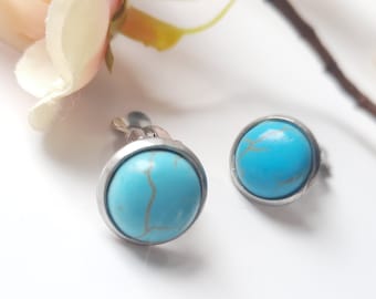 Turquoise Clip On Earrings. Round Clip On Studs. Silver and Turquoise Earrings. Womens Stud Earrings. Mum Gift. Postal Gift Idea