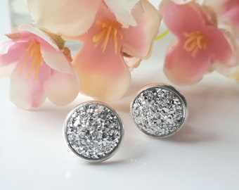 Silver Clip On Earrings. Ladies Sparkle Clip On Studs. Round Silver Glitter Earrings. Womens Stud Earrings. Gift For Her. Mum Gift.