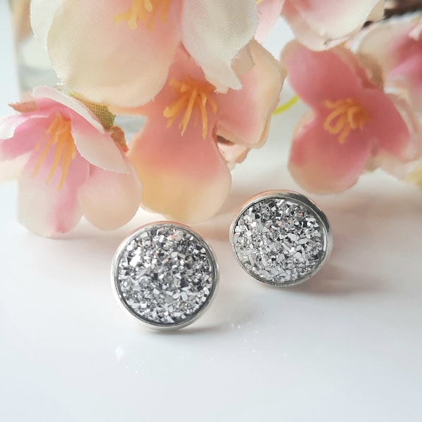Silver Clip On Earrings. Ladies Sparkle Clip On Studs. Round Silver Glitter Earrings. Womens Stud Earrings. Gift For Her. Mum Gift.