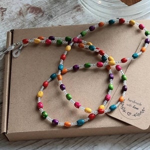 Rainbow Wooden Glasses Chain | Beaded Glasses  Holder. Spectacle Lanyard | Mixed Colour Glasses Chain | Ladies Sunglasses Necklace