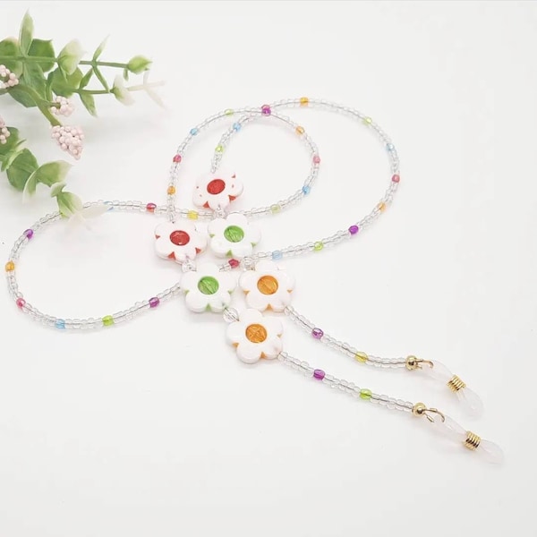 Flower Glasses Chain, Floral Glasses Holder, Brightly Coloured Spectacle Chain, Beaded Glasses Chain, Rainbow Glasses Strap, 50th Birthday
