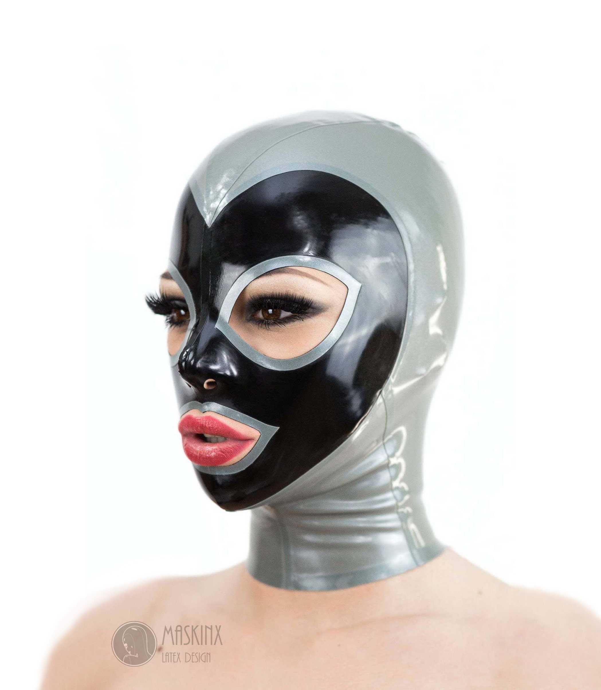 Latex Rubber Hood 2-color With Contrast Trim and Zipper pic picture